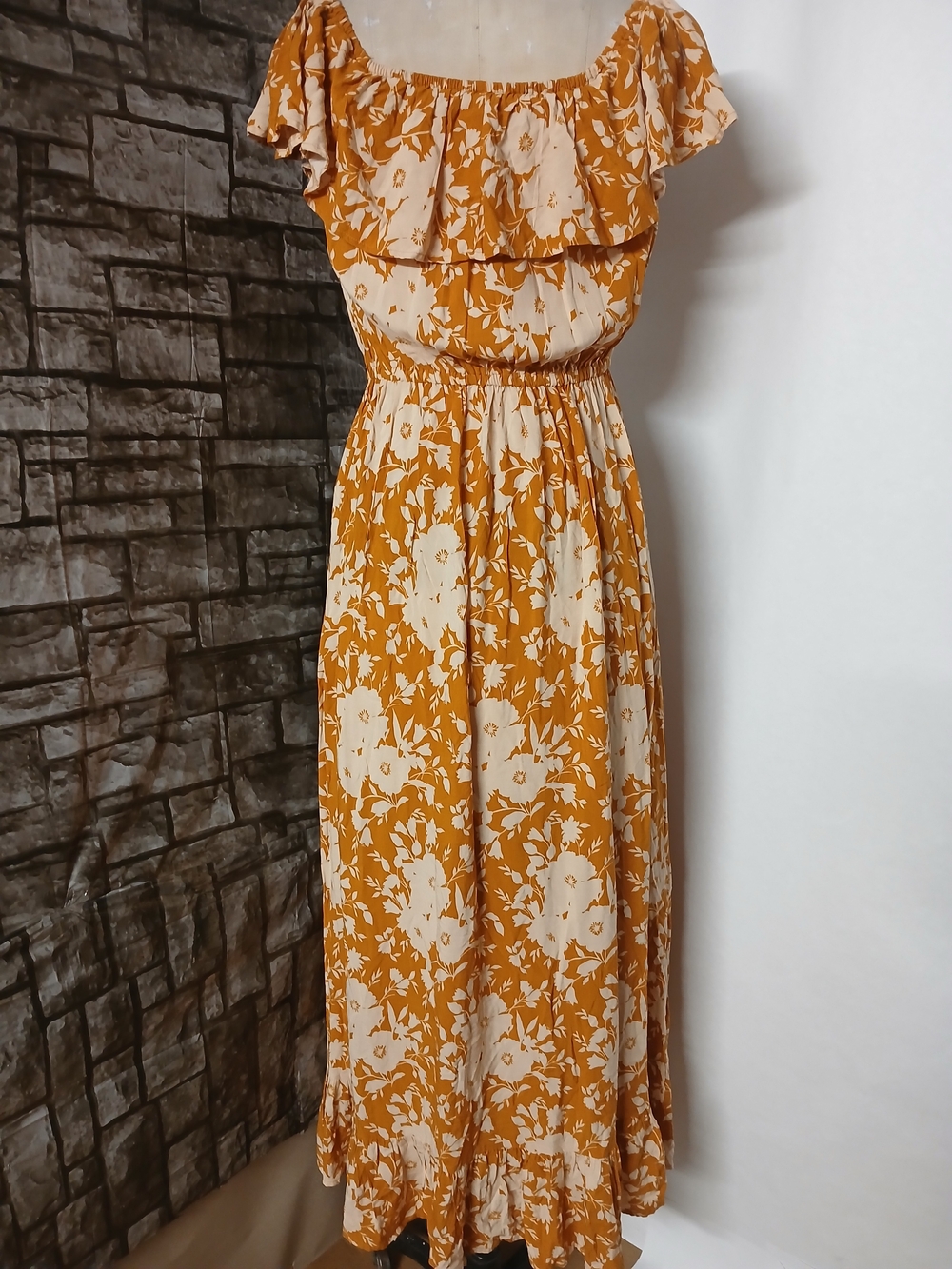 Women’s Mustard Floral Off-Shoulder Midi Dress with Ruffle